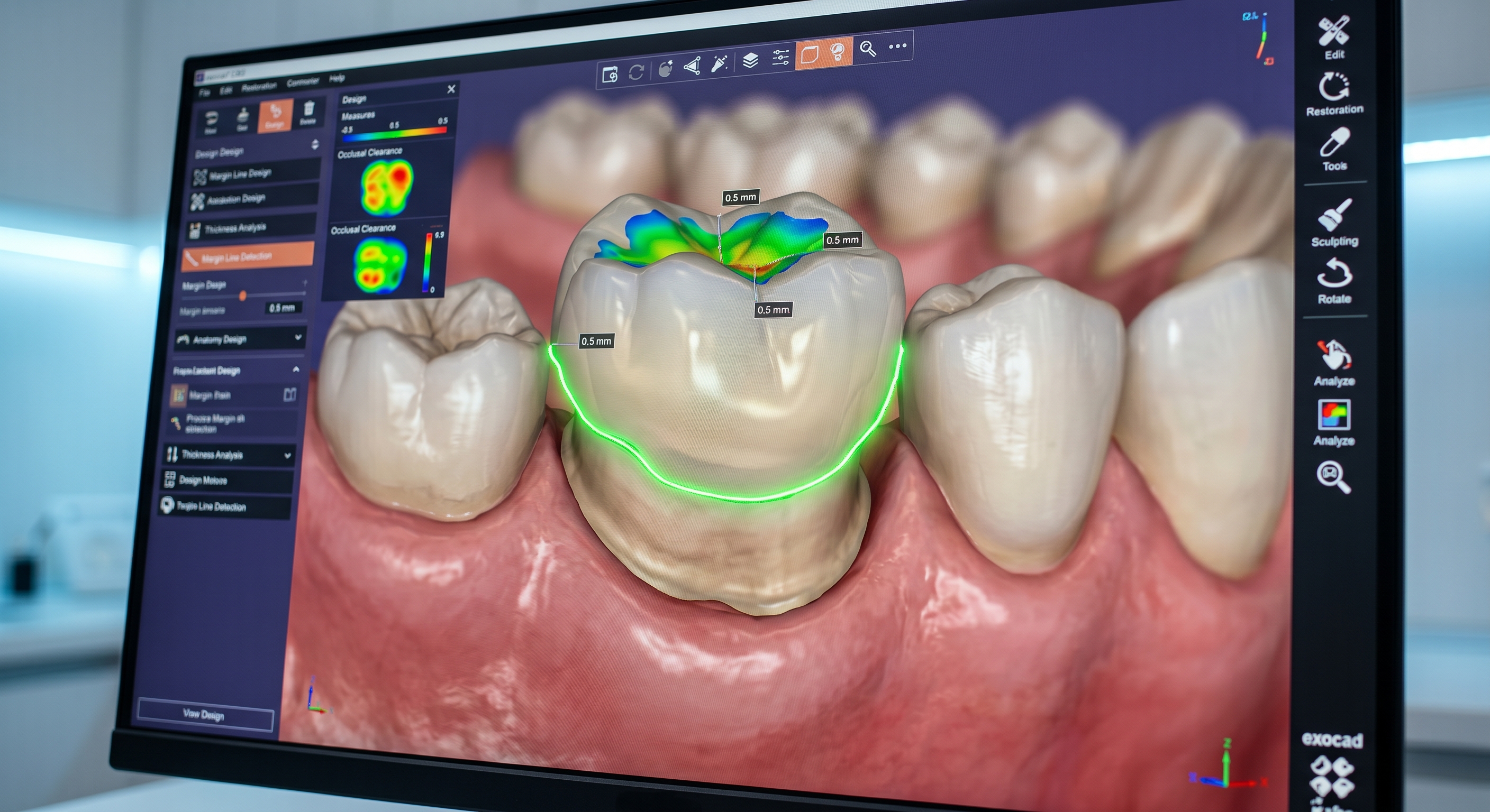 Dental CAD margin detection in exocad showing crown preparation finish line